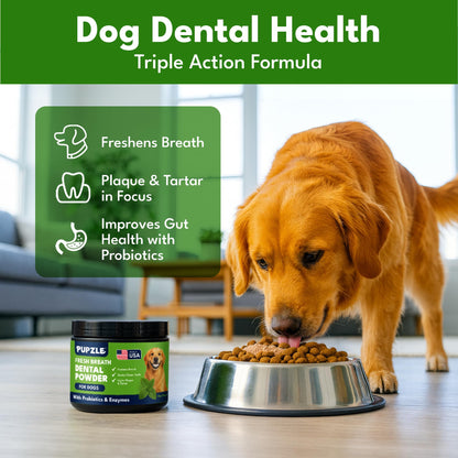 Pupzle Dog Teeth Cleaning Powder for Fresh Breath, Dog Dental Powder, Tartar & Plaque Focused, Natural Breath Freshener, Pet Dental Supplement with Probiotics for Gut Health, Mint, 60 Days Supply