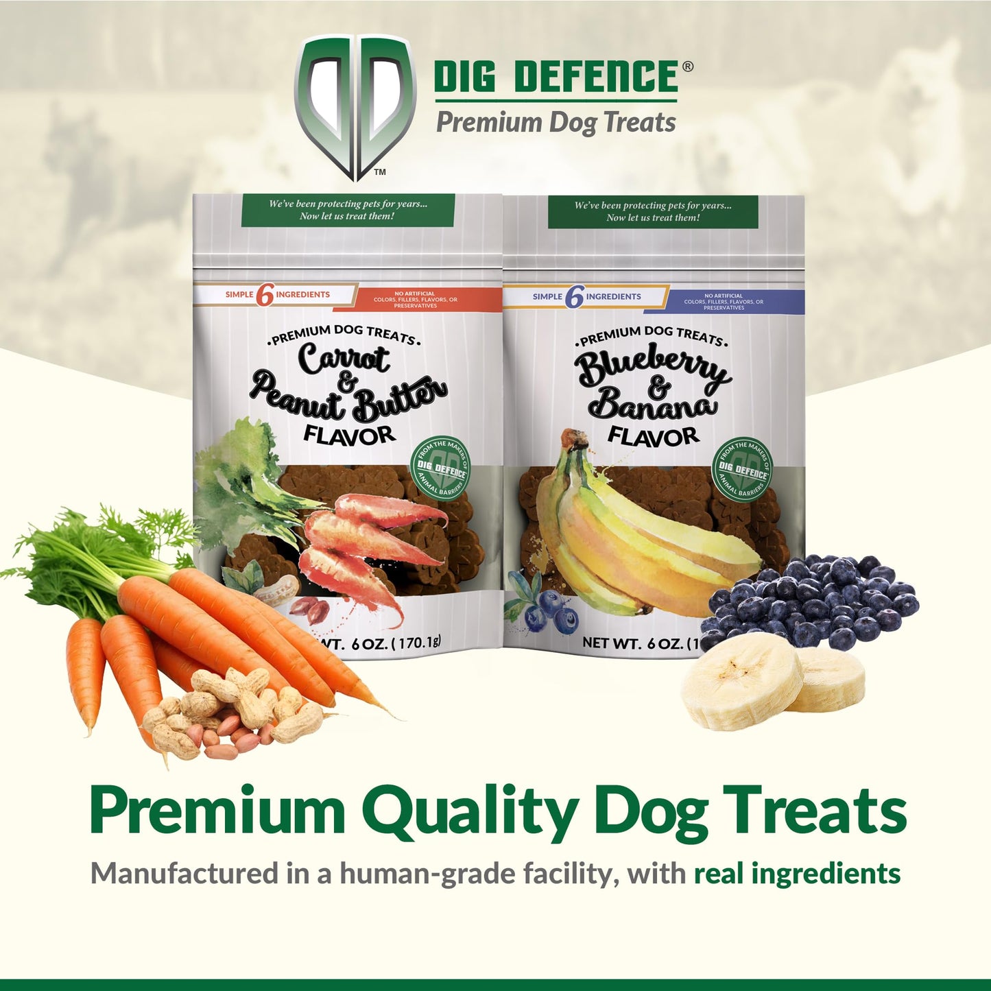 Dig Defence Premium Dog Treats - Carrot/Peanut Butter and Blueberry/Banana, Natural Ingredients, Baked Gourmet Snacks for Small & Big Dogs, Healthy Training Treat, 2 Pack