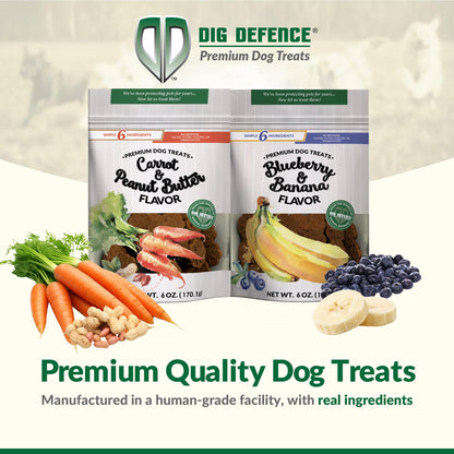 Dig Defence Premium Dog Treats - Carrot/Peanut Butter and Blueberry/Banana, Natural Ingredients, Baked Gourmet Snacks for Small & Big Dogs, Healthy Training Treat, 2 Pack