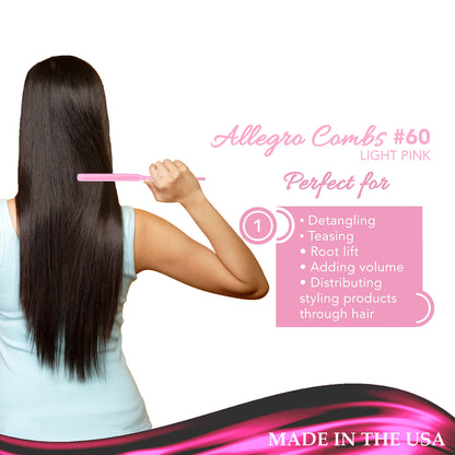 Allegro Combs 60 Parting Three Row Combs Salon Hairstylist Hairdresser Detangle Combs For Natural Hair And Wigs For Curly Hair Made In The Usa 2 Pcs. (Light Pink)
