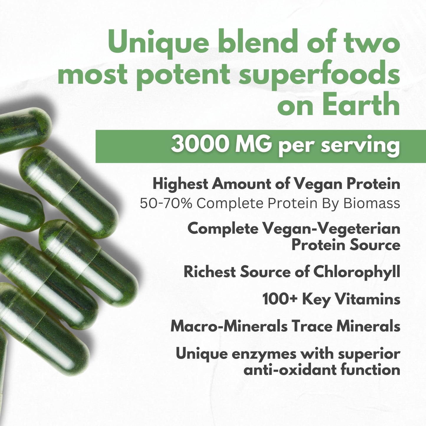 Chlorella Spirulina Powder Capsules Organic 3000 mg of BMAA Free Purest Blue Green Algae - Best Natural Detox Raw Vegan Vitamins Protein Green Superfood - Made in USA