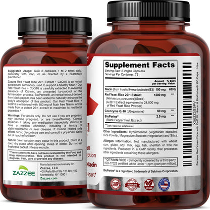 Extra Strength Red Yeast Rice with CoQ10 - 20X Concentrated 1200mg Red Yeast Rice Supplement with Niacin CoQ 10 and BioPerine for Enhanced Absorption - Non-GMO Vegan & ISO Lab Tested (75 Servings)
