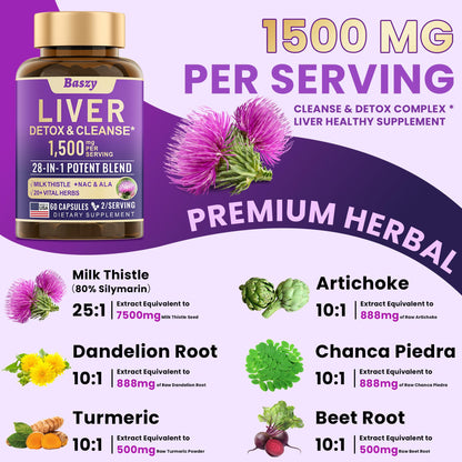 Baszy 28-in-1 Liver Cleanse Detox & Repair - 1500mg Liver Health Support with Milk Thistle, Dandelion Root, Artichoke Extract, and 20+ Herbal Liver Support Supplements - Made in USA - 60 Capsules