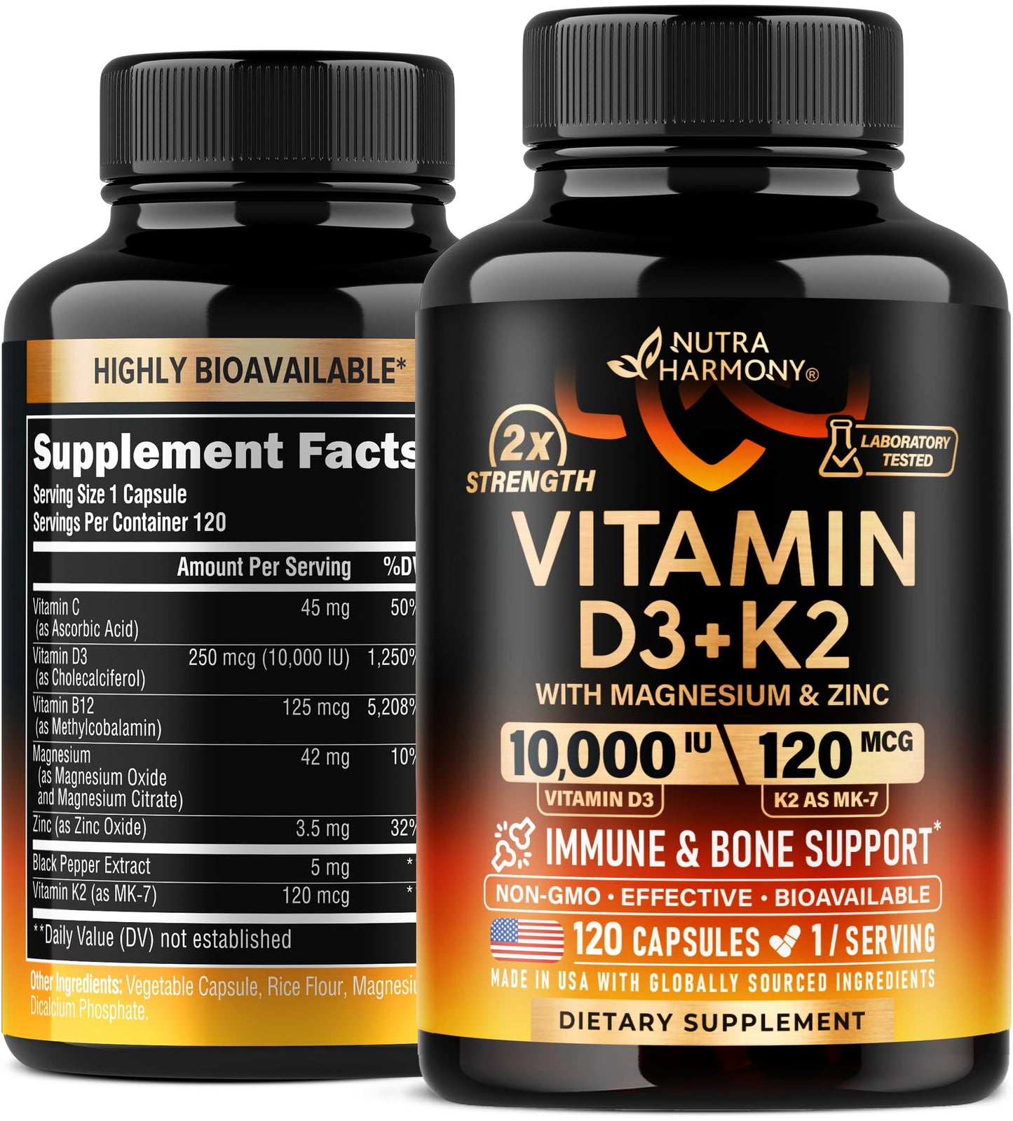 Vitamin D3 K2 - Vitamin D3 10000 iu & K2 as MK-7 120 mcg - Immune & Mood Support, for Bone & Teeth Health - with Magnesium, Zinc & Vitamin C & B12 - Highly Bioavailable - Made in USA, 120 Capsules
