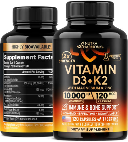 Vitamin D3 K2 - Vitamin D3 10000 iu & K2 as MK-7 120 mcg - Immune & Mood Support, for Bone & Teeth Health - with Magnesium, Zinc & Vitamin C & B12 - Highly Bioavailable - Made in USA, 120 Capsules