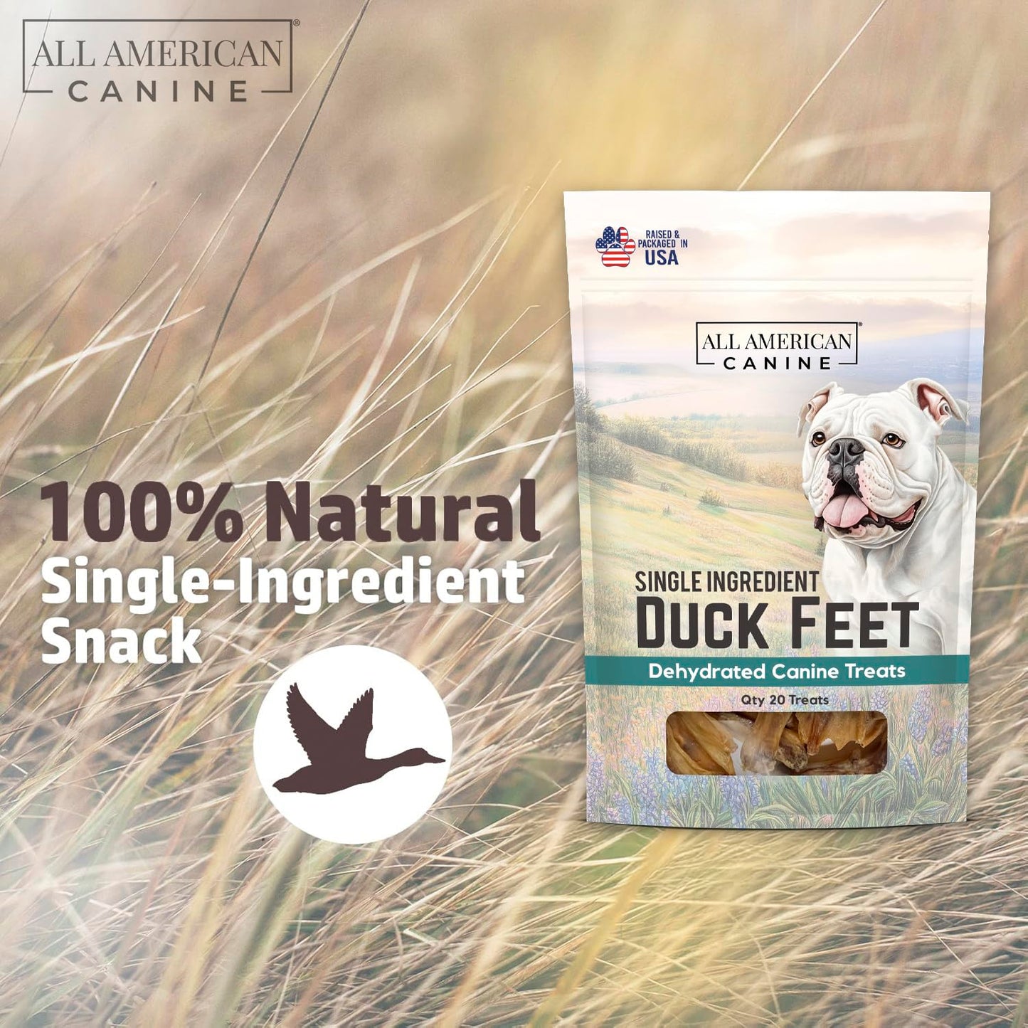 All American Canine 20 Natural Duck Feet Dog Treats – Single Ingredient, Dehydrated & Digestible – Crunchy, Low-Fat, High-Protein Chew for Joint Support & Dental Health – Made in USA