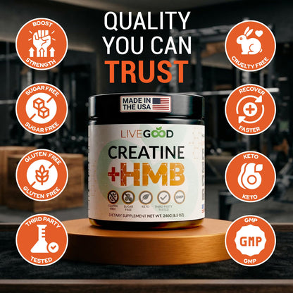 LIVEGOOD Creatine Monohydrate with HMB for Lean Muscle Growth & Recovery – HMB Creatine Powder for Men and Women – Unflavored Creatine, 30 Servings