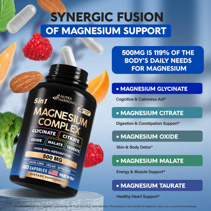Magnesium Supplement - 5 in 1 Complex | Glycinate | Citrate | Malate | Taurate | Oxide - Made in USA - Stress, Muscle & Heart Support - Vegan, Natural, Non-GMO - 180 Capsules, 2 Month Supply