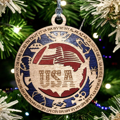 Patriotic USA Christmas Ornament - Handmade Wooden Laser Cut American Symbol Decor, 3" Round, 2 Layer, Made in Oregon