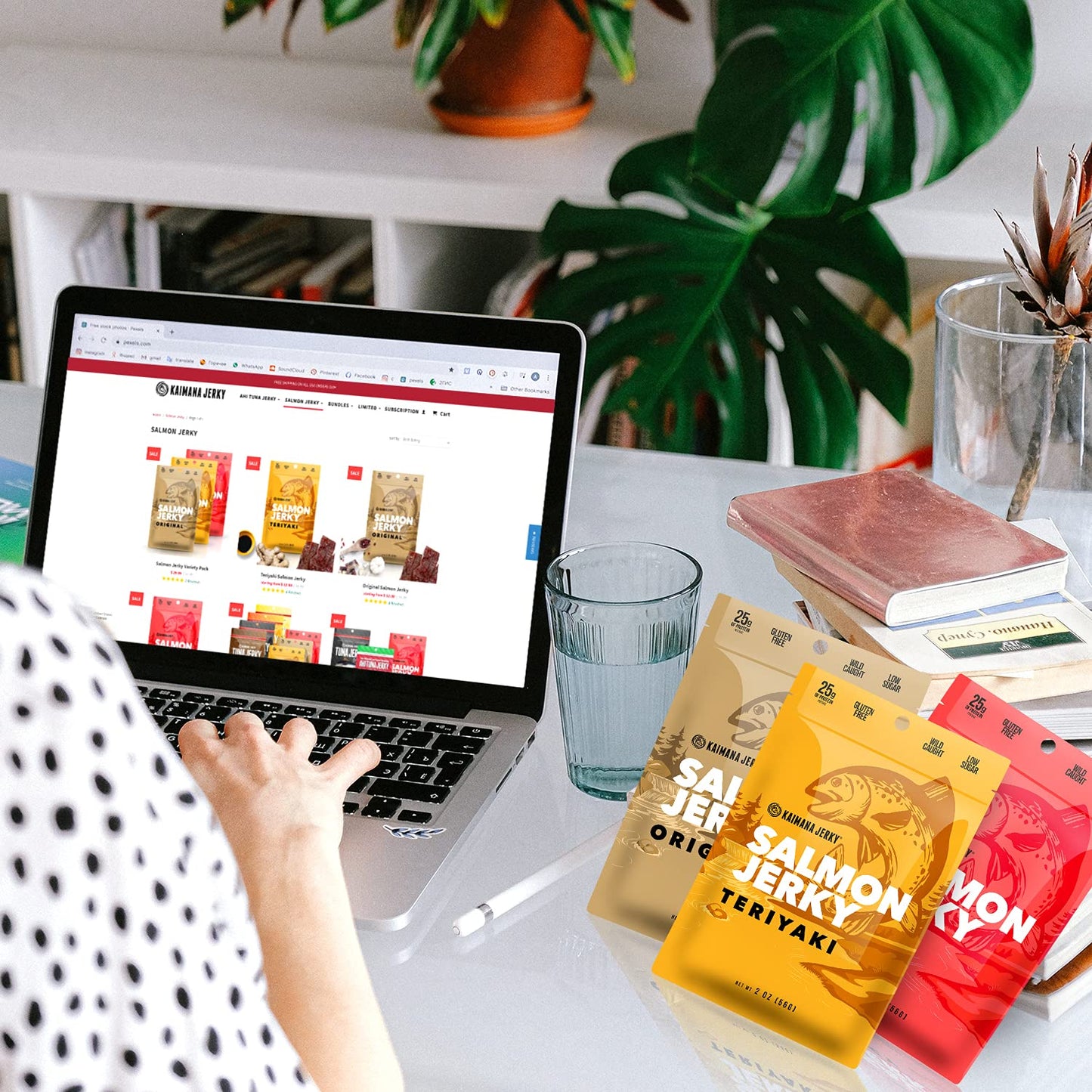 Kaimana Jerky Wild Caught Salmon Jerky - Organic Dried Fish Strips Rich in Omega-3, Protein - Low-Calorie Seafood Snack with No Gluten, Less Sodium & Sugar - Original, Teriyaki, Spicy Flavors - 3-Pack
