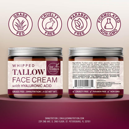 Beef Tallow Face Moisturizer for Women | With Hyaluronic Acid | Hydrating Whipped Beef Tallow for Skin Care for Women | With Jojoba & Sweet Almond Oil | Paraben & Cruelty-Free, Non-GMO | 4 oz