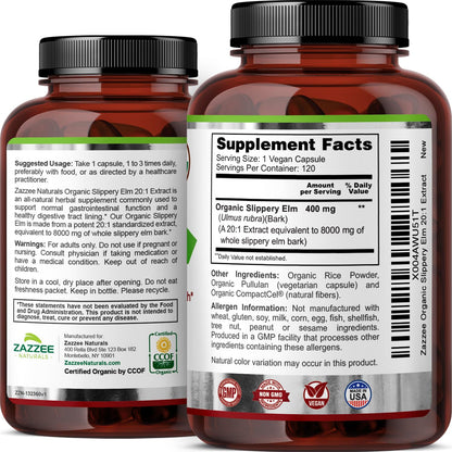 Zazzee USDA Organic Slippery Elm Bark 20:1 Extract, 8000 mg Strength, 120 Vegan Capsules, 4 Month Supply, Standardized, Concentrated 20X Extract, 100% Vegetarian, All-Natural, Non-GMO, Made in the USA