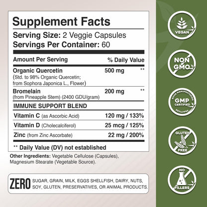 Gade Nutrition Organic Quercetin with Bromelain Vitamin C and Zinc | Immune Support Supplement Quercetin 500mg Capsules | Bioflavonoids Made in USA Third Party Tested