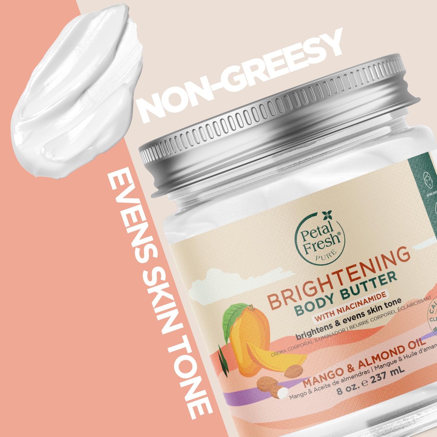 Petal Fresh Pure Brightening Mango & Almond Oil Body Butter with Niacinamide, Shea Butter, Promotes Collagen, For All Skin Types, Vegan and Cruelty Free, Non-Greasy, 8 oz – MADE IN USA