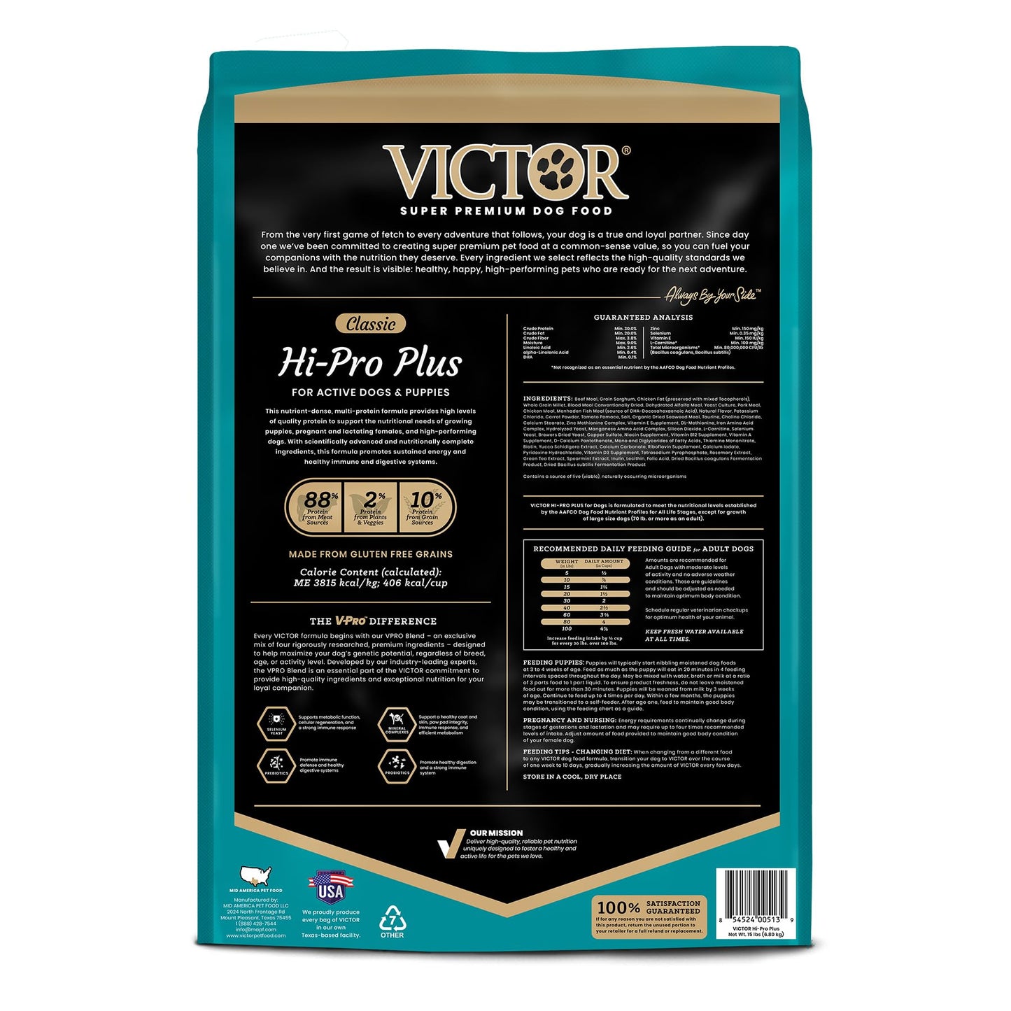 VICTOR Super Premium Dog Food – Hi-Pro Plus Dry Kibble – High Protein Dog Food with 30% Protein – Beef, Chicken, Pork, Fish Meals, Gluten Free - for High Energy and Active Dogs & Puppies, 15lbs
