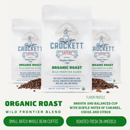 Crockett Whole Bean Coffee – USDA Organic Medium Roast Whole Coffee Beans with Smooth Flavor, Bold Aroma & Clean Finish – Healthy for Focused Energy, All-Day Drive & Guilt-Free Brewing