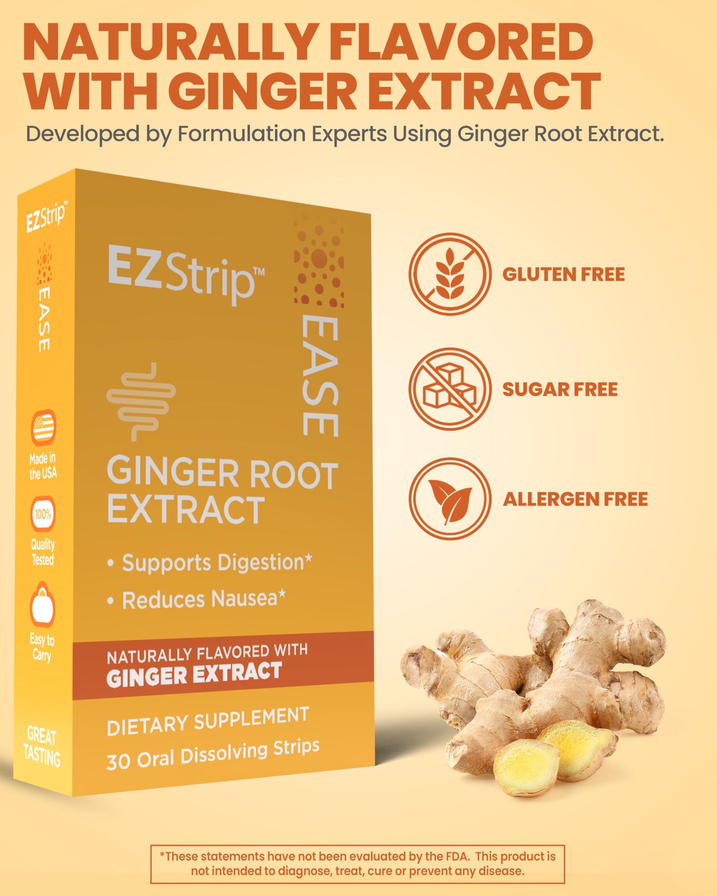EZStrip Ease Supplement - Ginger Flavor, 30 Count - Dissolving Strips with Ginger Root Help Support Nausea Relief, Morning and Motion Sickness, and Digestion - Made in The USA, Sugar and Gluten-Free