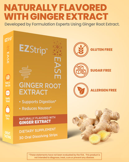 EZStrip Ease Supplement - Ginger Flavor, 30 Count - Dissolving Strips with Ginger Root Help Support Nausea Relief, Morning and Motion Sickness, and Digestion - Made in The USA, Sugar and Gluten-Free