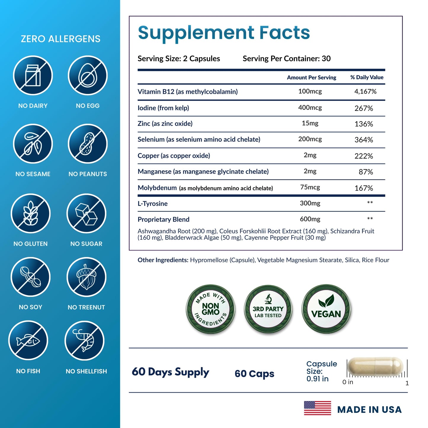 Thyroid Support for Women and Men with Iodine - Energy, Focus & Power Thyroid Supplement - All Natural Herbal Mineral and Vitamin Complex with B12, Zinc, Selenium, Ashwagandha - 60 Vegetarian Capsules