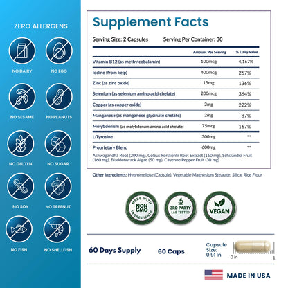 Thyroid Support for Women and Men with Iodine - Energy, Focus & Power Thyroid Supplement - All Natural Herbal Mineral and Vitamin Complex with B12, Zinc, Selenium, Ashwagandha - 60 Vegetarian Capsules