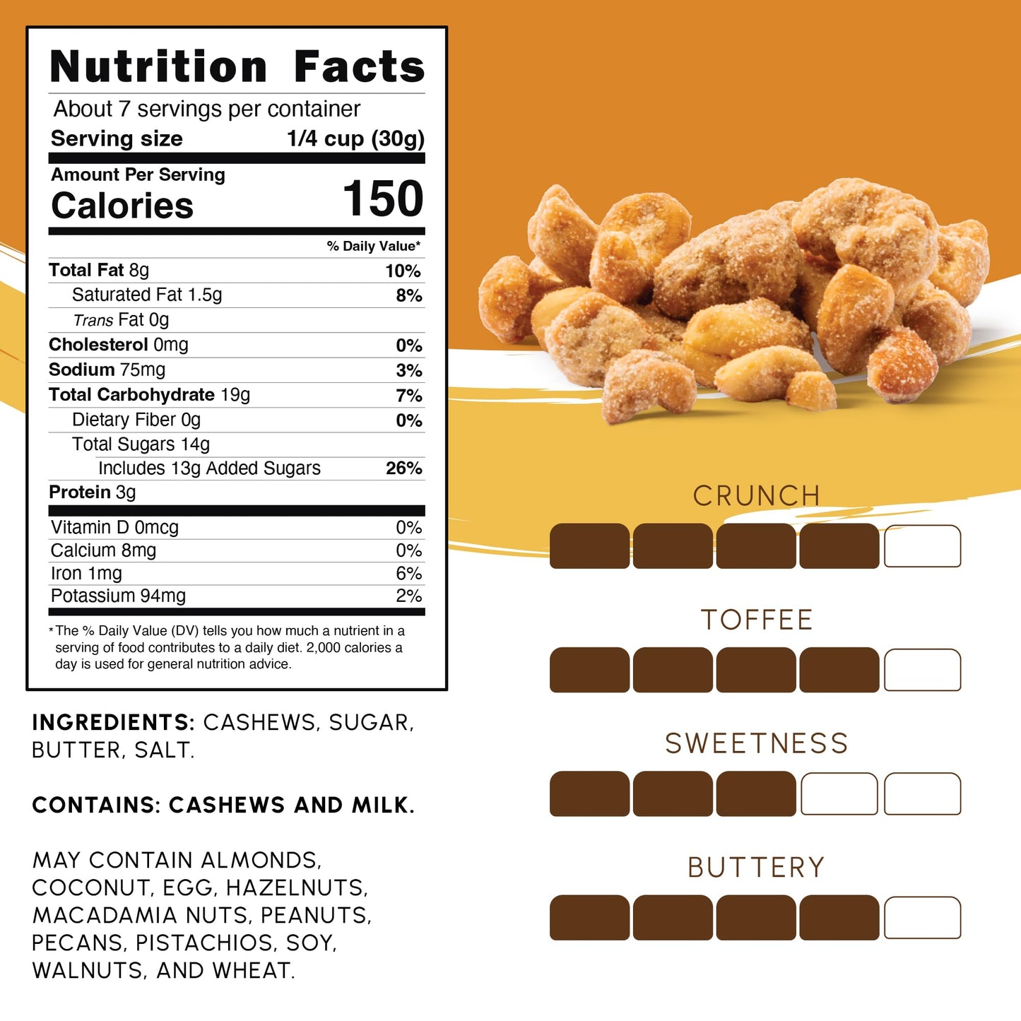 Snackathon Butter Toffee Cashews, 7 oz Resealable Bag, Made in USA, All-Natural Fresh Roasted Nuts Coated in a Crunchy Buttery Toffee Shell, Gourmet Sweet & Salty Snac