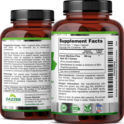 Zazzee Extra Strength French Maritime Pine Bark 20:1 Extract, 350 mg Per Capsule, 180 Vegan Capsules, 95% Proanthocyanidins, Kosher, 6 Month Supply, Standardized 20X Extract, Non-GMO, Made in The USA