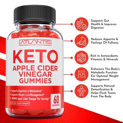 Atlantis Nutrition Keto ACV Gummies for Weight Loss - Apple Cider Vinegar Gummies Formulated to Support Advanced Weight Loss, Digestion, Detox & Cleansing, Made with 1000MG ACV Per Serving - 60 Count
