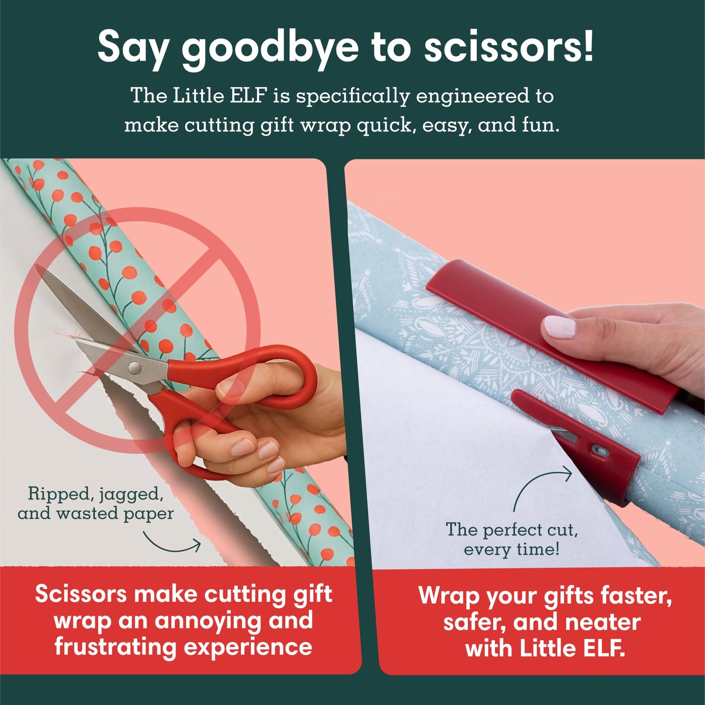 Little ELF Wrapping Paper Cutter (2-Pack) | Red Christmas Gift Wrap Cutter | As seen on Shark Tank | Made in USA | Gift Wrapping Paper Slicing Tool