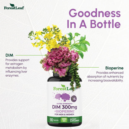 ForestLeaf DIM Supplement - 300mg DIM Estrogen Supplement for Women/Men - Diindolylmethane with BioPerine Black Pepper - Support for Detox, Metabolism, Hormone Balance & Menopause - 90 Caps