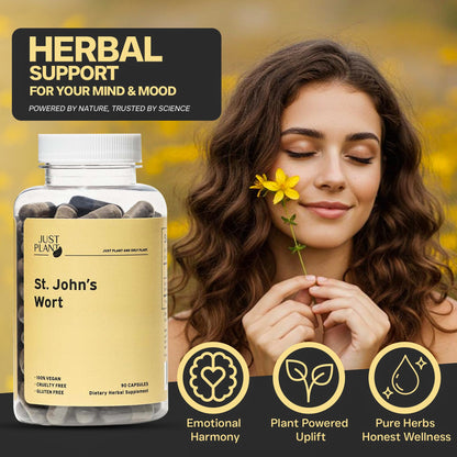 Just Plant St. John’s Wort Supplement 750 mg, 90 Vegan Capsules with Hypericum Perforatum Extract Herbal Mood & Stress Support Gluten-Free, Non-GMO