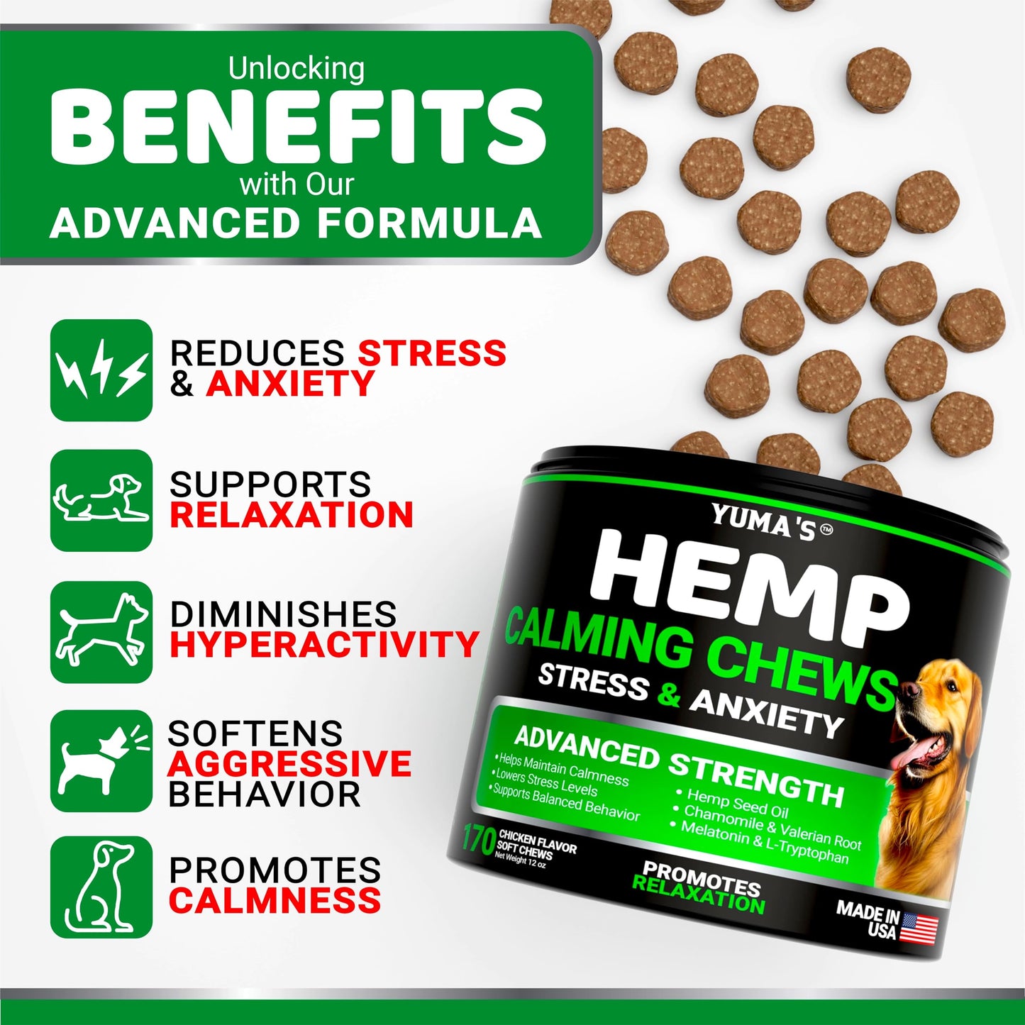 YUMA'S Hemp Calming Chews for Dogs - Advanced Dog Calming Chews - Anxiety Relief Treats - Separation Aid, Barking, Stress Relief, Thunderstorms - Melatonin - Hemp Oil - Made in USA