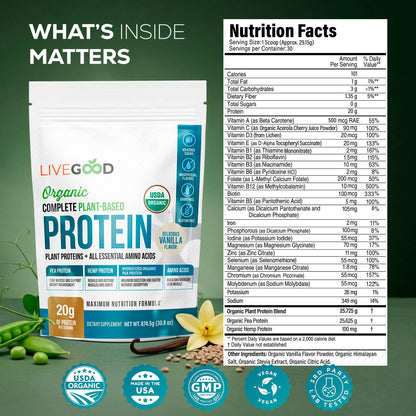 LIVEGOOD Complete Plant Based Protein Powder with Organic Pea Protein and Essential Amino Acids for Muscle Support, Recovery, Energy and Daily Nutrition, Vanilla Protein Supplement (30 Servings)