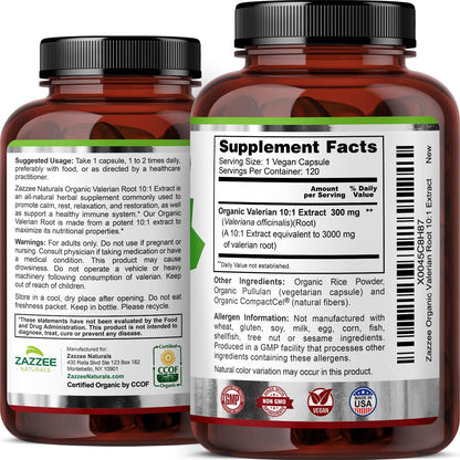 Zazzee USDA Organic Valerian Root 10:1 Extract, 3000 mg Strength, 120 Vegan Capsules, 4 Month Supply, Valeriana officinalis, 10X Potency, 100% Vegetarian, All-Natural, Non-GMO, Made in The USA
