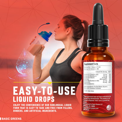 BASIC GREENS Vitamin B Complex Liquid Drops - Strength Sublingual Formula, Maximizes Absorption & Boosts Energy - B1, B2, B3, B5, B6, B7, B9, B12 - Natural Vegan Supplement for Immunity (B Complex)
