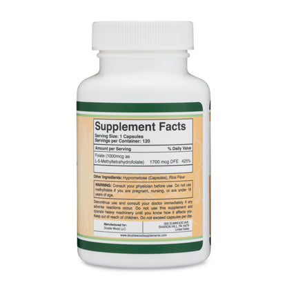 Methylfolate 1,000mcg, 120 Capsules (Third Party Tested Methyl Folate Supplement) Methylated Folate is a More Active Form of Folate Than Folic Acid (Non-GMO, Vegan Safe) by Double Wood