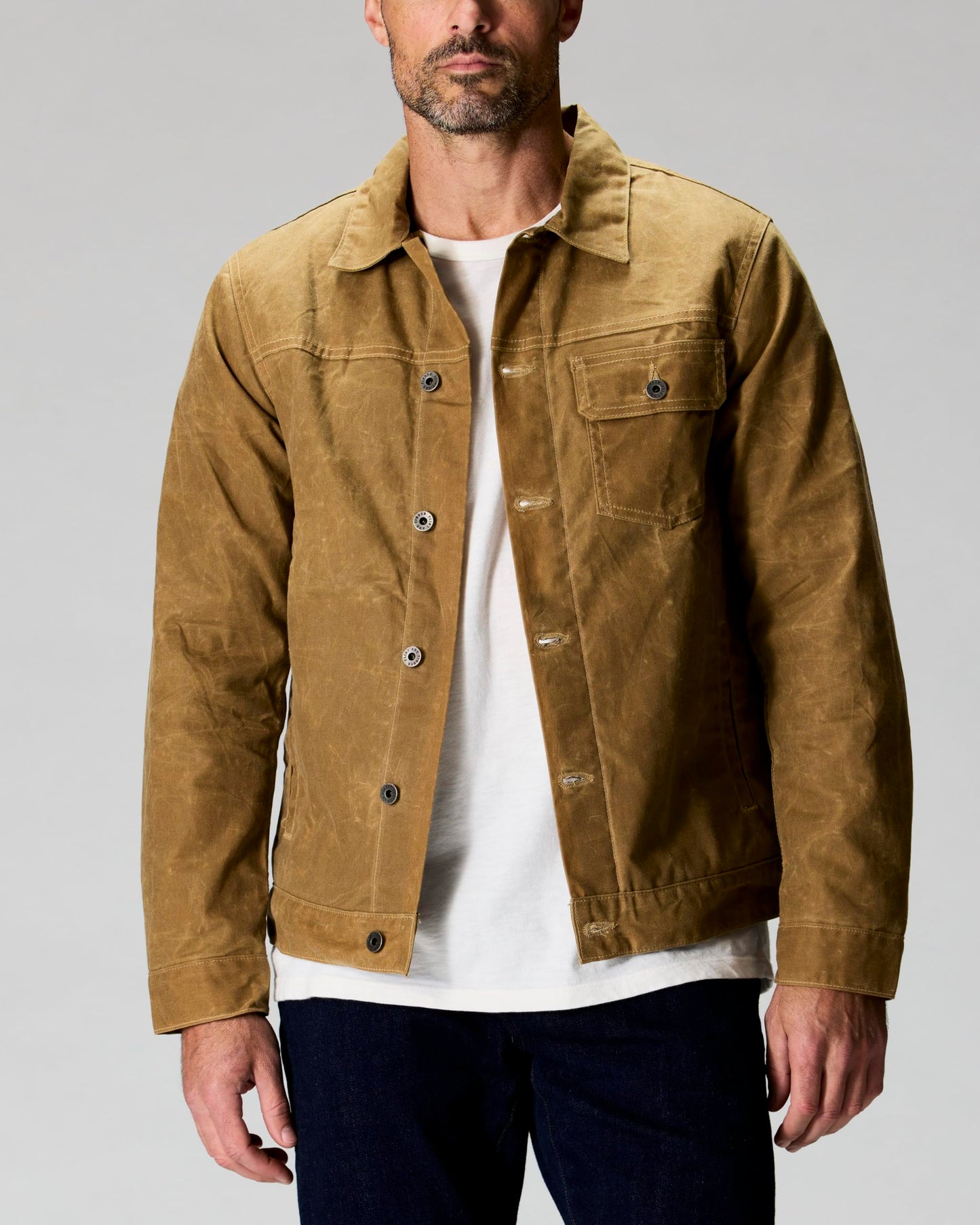 Huckberry Flint and Tinder Men's Flannel-Lined Waxed Trucker Jacket, Water & Weather Resistant Mens Jacket, Field Tan