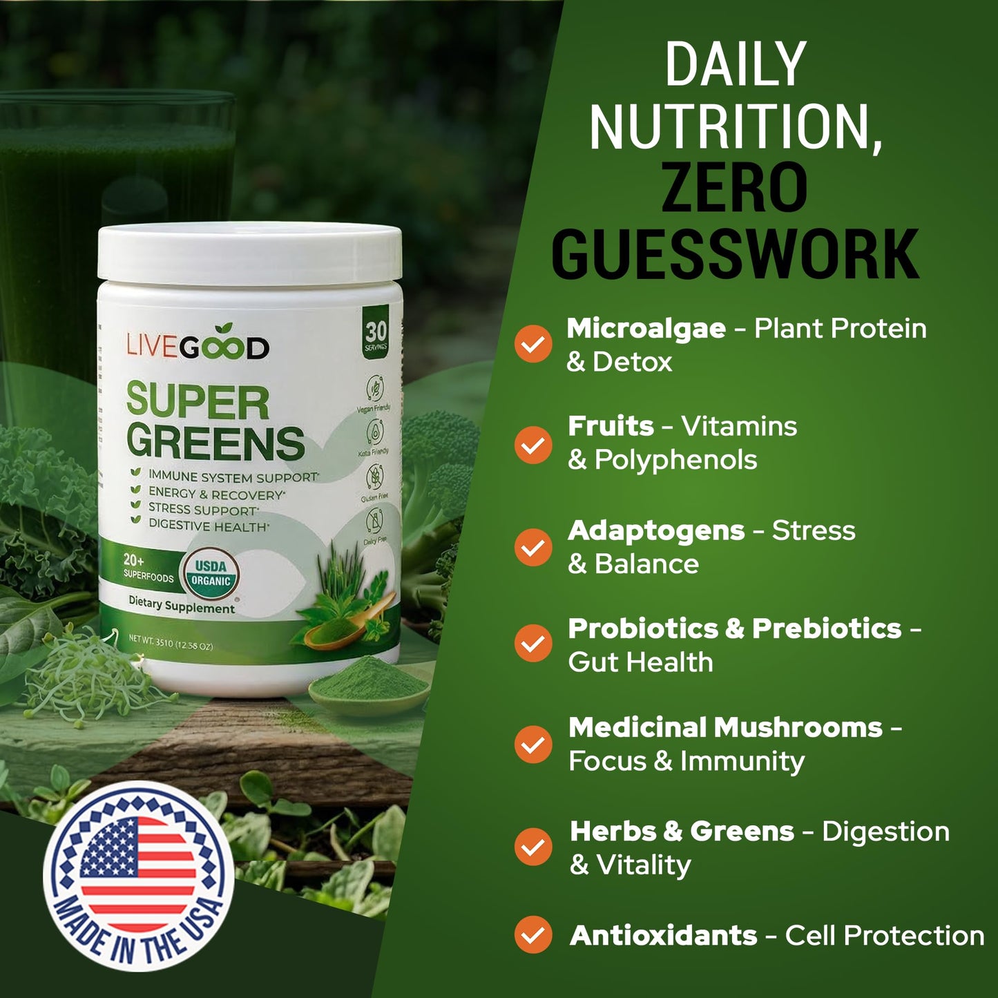 LIVEGOOD Daily Greens Powder Organic Blend for Digestion & Focus – Super Greens Supplement Powder for Immune Support – 30 Servings