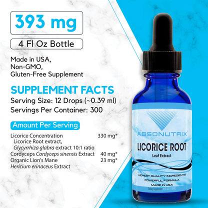 Absonutrix Licorice Root 330 mg, 4 Oz Liquid, 300 Servings, Made in USA, Quick Absorption, Quality Potent Ingredients, Non-GMO, GMP-Certified Facility, Cruelty-Free Products
