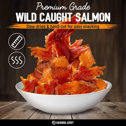 Kaimana Jerky Wild Caught Salmon Jerky - Organic Dried Fish Strips, Rich in Omega-3 & Protein, Low-Calorie, Gluten-Free, Low Sodium & Sugar - Original, Teriyaki & Spicy Flavors - 9 Pack (0.5oz)