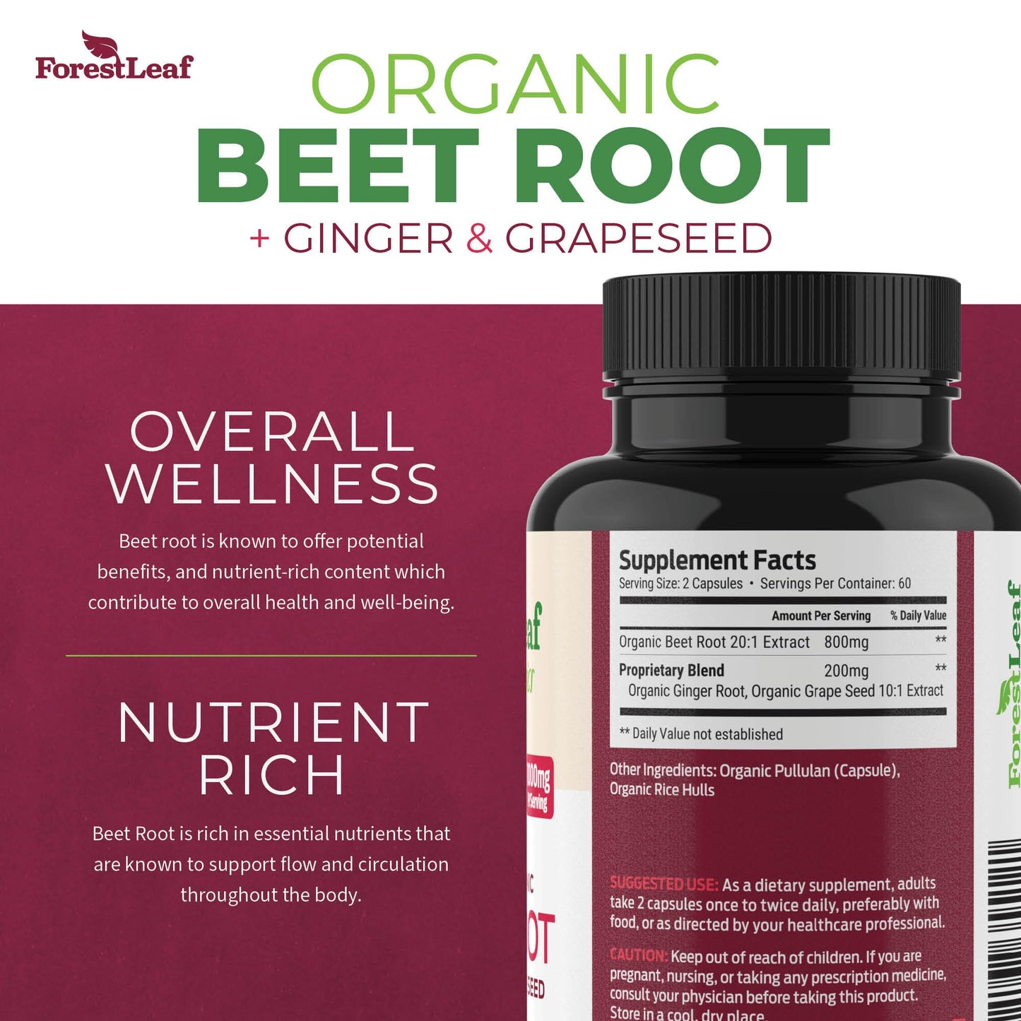 ForestLeaf Beet Root Capsules, 1000mg, 20:1 Extract, with Ginger, Grape Seed, Supports Blood Flow, Energy (120 Count (Pack of 2))