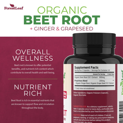 ForestLeaf Beet Root Capsules, 1000mg, 20:1 Extract, with Ginger, Grape Seed, Supports Blood Flow, Energy (120 Count (Pack of 2))