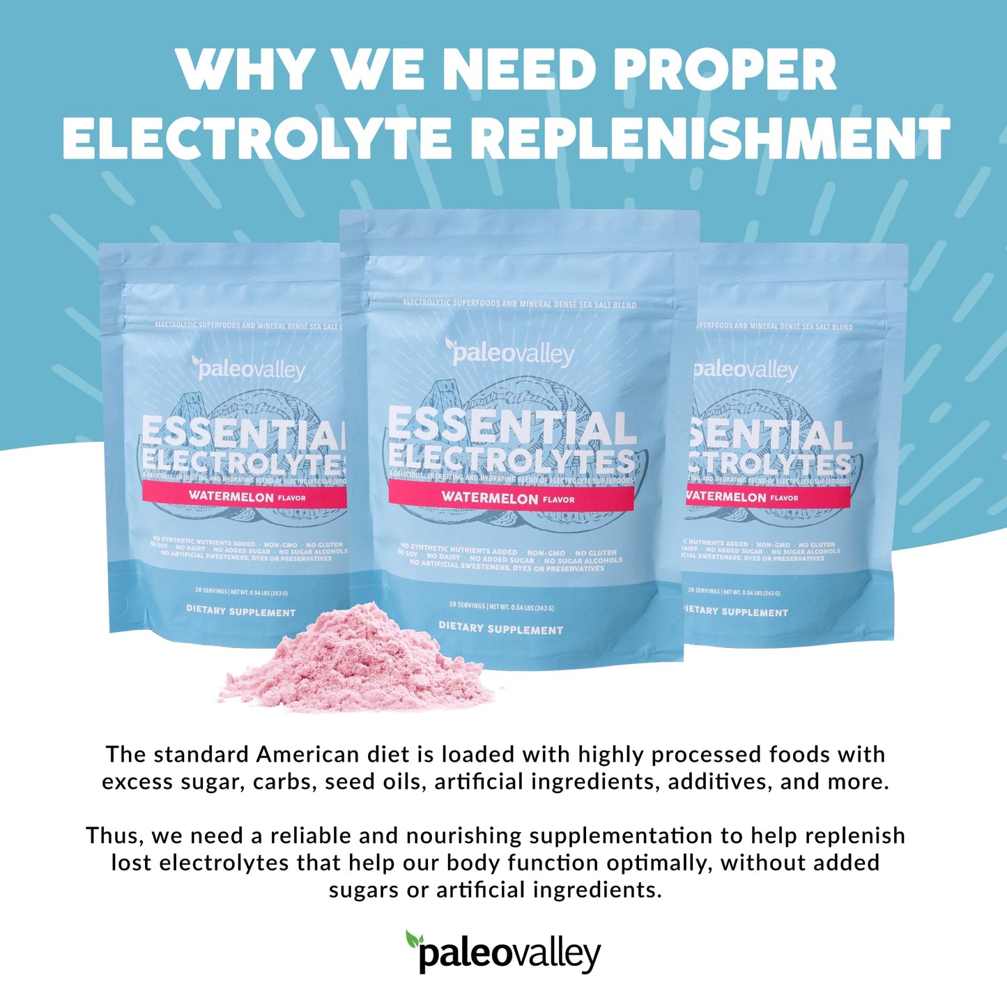 Paleovalley Essential Electrolytes Powder - Full Spectrum Watermelon Electrolyte Powder for Hydration, Energy and Muscle Recovery - No Sugar Added - 28 Servings