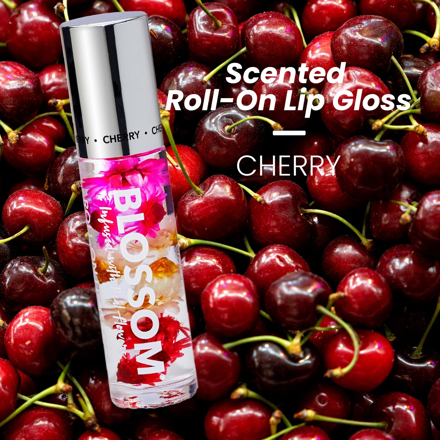 Blossom Roll on Lip Gloss, Scented Clear High Shine Moisturizing Lip Oil, Non Sticky, Infused with Real Flowers, Made in USA, 0.2oz, Cherry
