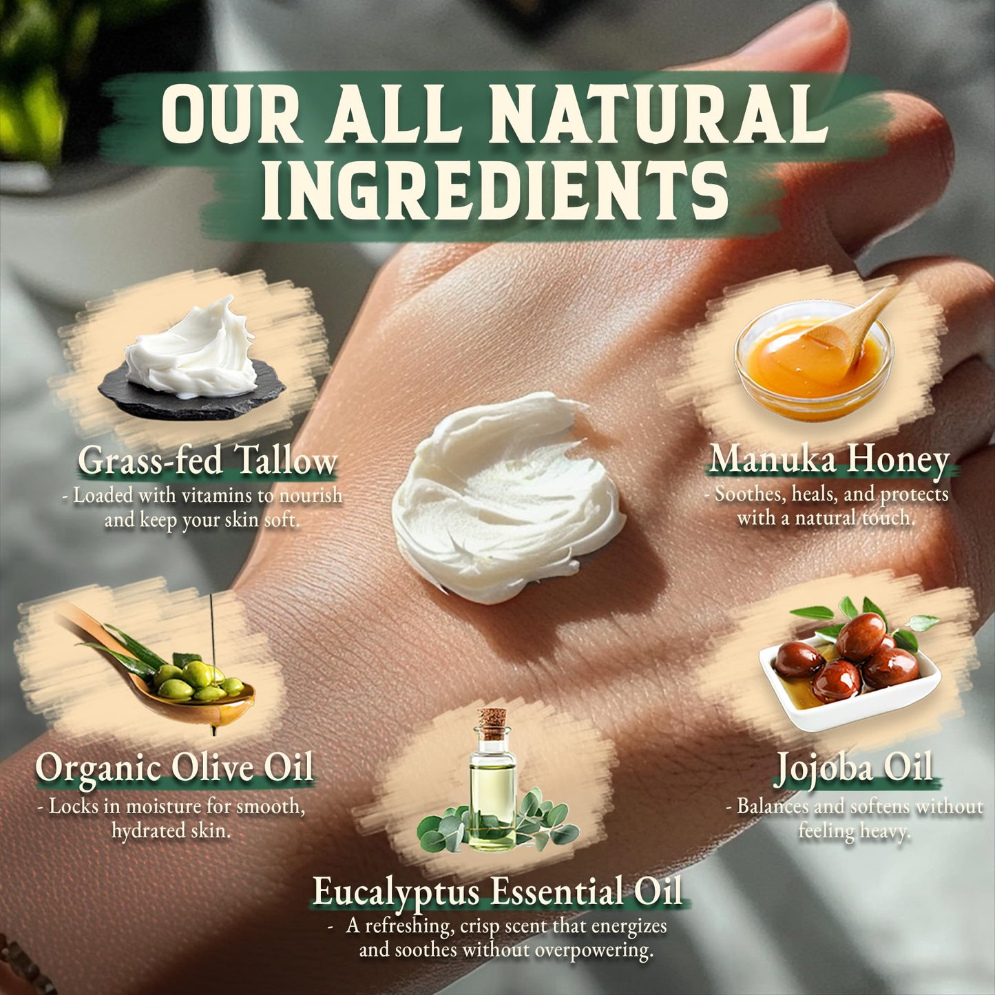 Organic Beef Tallow for Skin - 4 OZ (Eucalyptus) — US-Made Grass Fed Beef Tallow for Face + Body — Whipped Tallow and Honey Balm Moisturizer for Dry and Sensitive Skin, Eczema, Rosacea (No Additives)