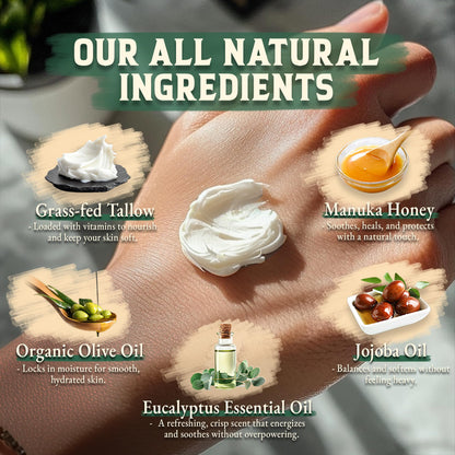 Organic Beef Tallow for Skin - 4 OZ (Eucalyptus) — US-Made Grass Fed Beef Tallow for Face + Body — Whipped Tallow and Honey Balm Moisturizer for Dry and Sensitive Skin, Eczema, Rosacea (No Additives)