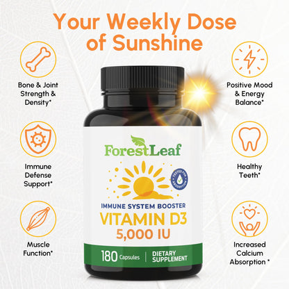 ForestLeaf Vitamin D3 5000 IU | VIT D - VIT D3 Vitamin D Supplements for Women and Men | Bone Health, Teeth and Immune Support | Easy to Swallow Pills | One Capsule Daily, 6-Month Supply, 180 Count