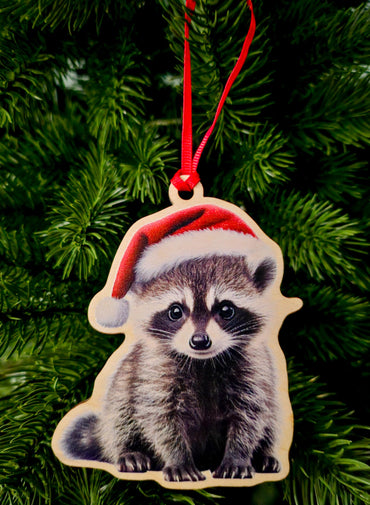Raccoon with Santa Hat Birch Ornament – Cute Woodland Animal Design – Christmas Tree Decoration – Holiday Decor – Made in The USA