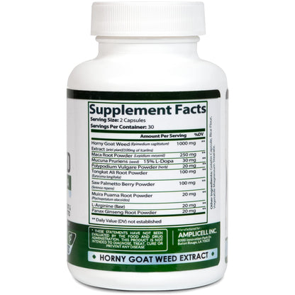 AMPLICELL Horny Goat Weed with Maca Root, Tongkat Ali, L-Arginine & Panax Ginseng – Male Performance & Libido Booster Supplement – Energy, Stamina & Vitality Pills for Men & Women – 60 Capsules