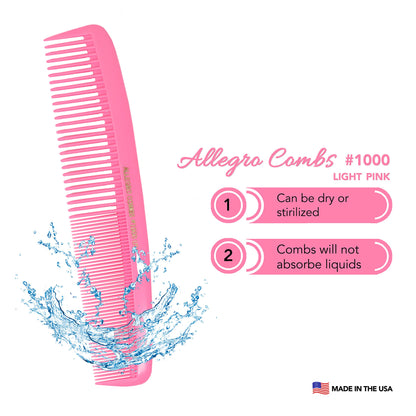 Allegro Combs 1000 X-Large Styling Comb Hair Cutting Barber Stylist Shampoo Combs All Purpose Wide And Fine Tooth Made In The USA 2 Pc. (Light Pink)