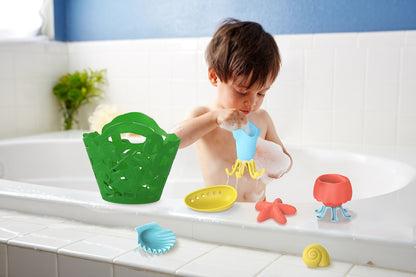Green Toys Tide Pool Bath Set - 7 Piece Pretend Play, Motor Skills, Kids Bath Toy Floating Pouring Shells with Storage Bag. No BPA, phthalates, PVC. Dishwasher Safe, Recycled Plastic, Made in USA.